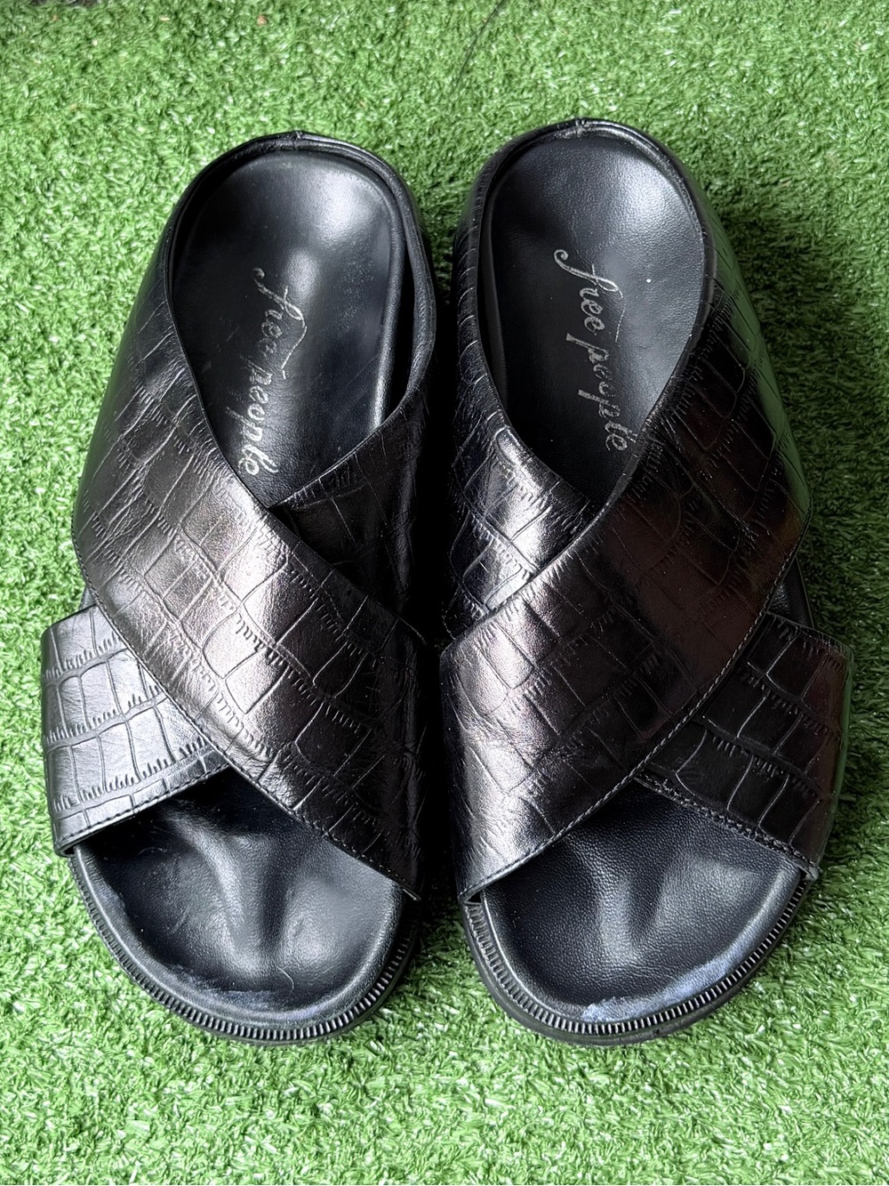 Free People Roxanne Flatform Black Crocodile Embossed Womens Sandals